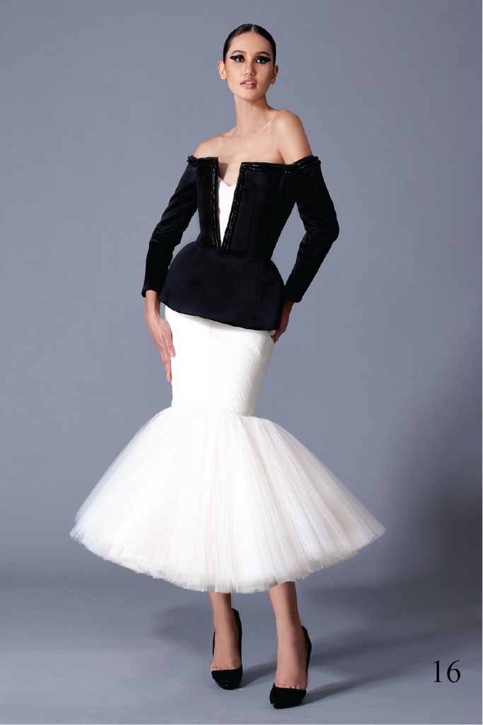 Off the Shoulder Two Layers Blouse & Pleated and Draped Soft Tulle Trumpet Skirt