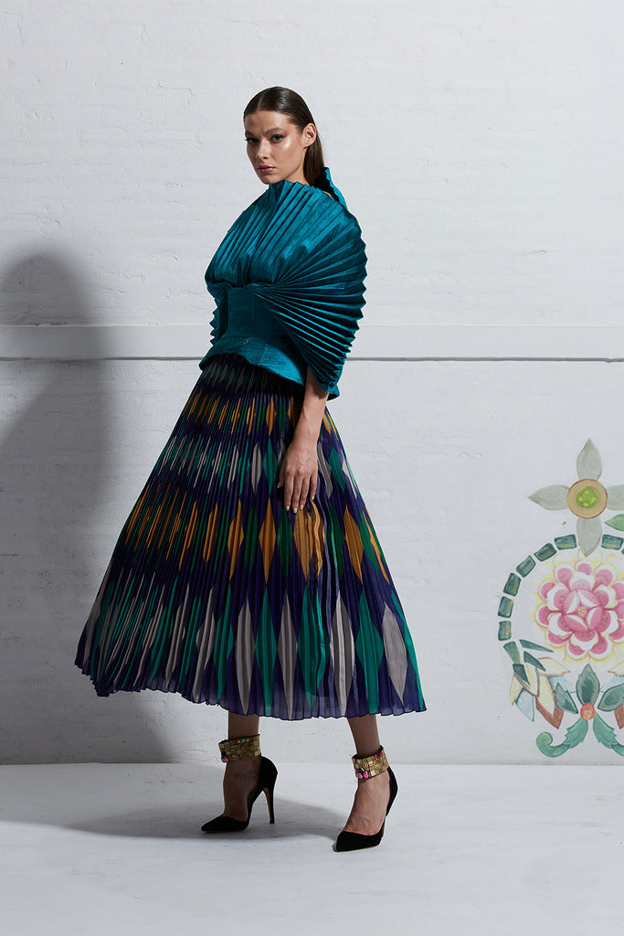 Fan Pleated Top and  Geometric Pattern Printed with Pleated Skirt