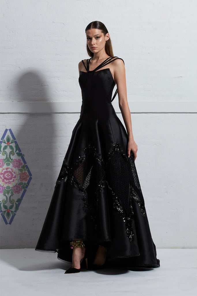 Crochet Lace Patchwork Gown with Sequins Embellishment