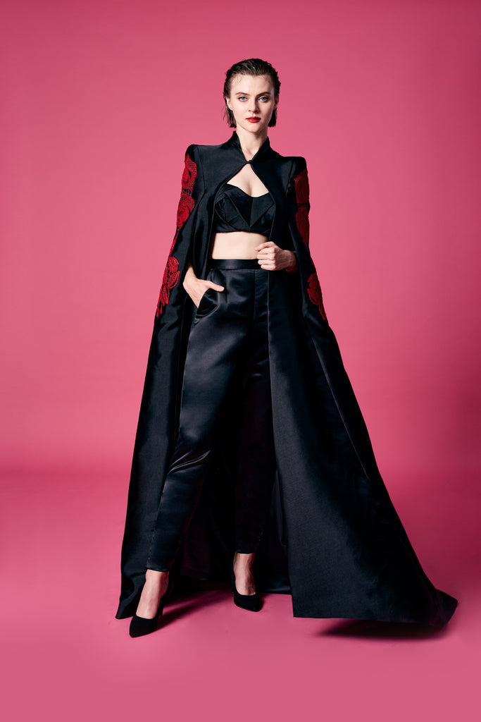 18.	Black cape-effect with red roses embroidery coat and Black rose bustier and Black trouser