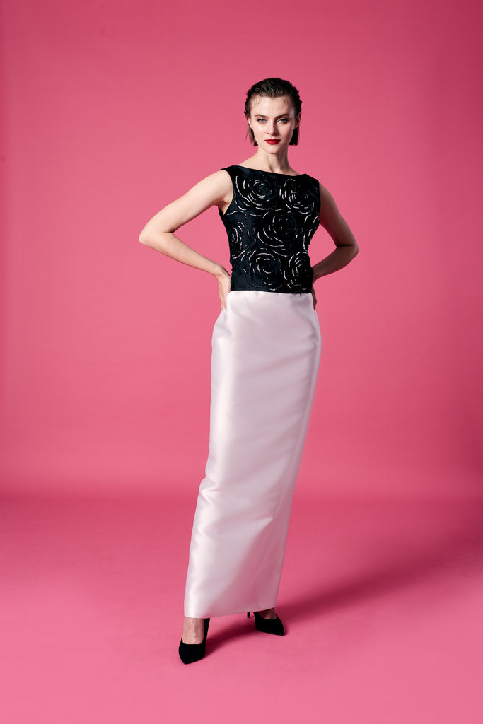 05.	Rose laser-cut and Pearls embellishment top with Pencil Skirt