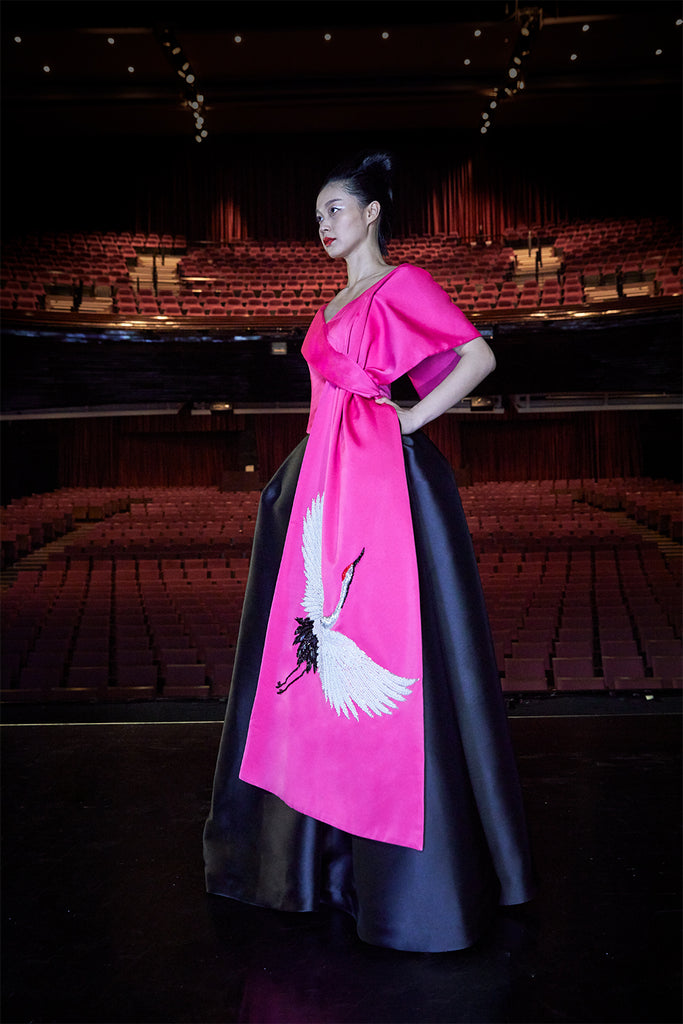 Long-Bow-Tail Blouse with Dramatic Japanese Crane Embellished with Sequins and Pearls & Floor Length Skirt