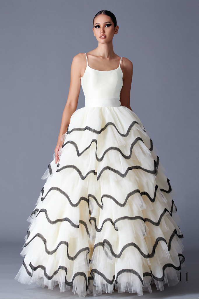 Off White and Black Pleated Tiered Dress