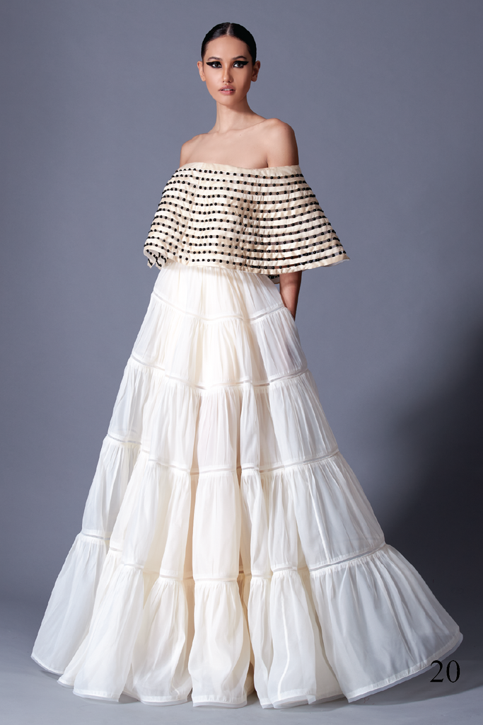 Off the Shoulder Embellished with Black Beads  Bodice and Tiered Dress
