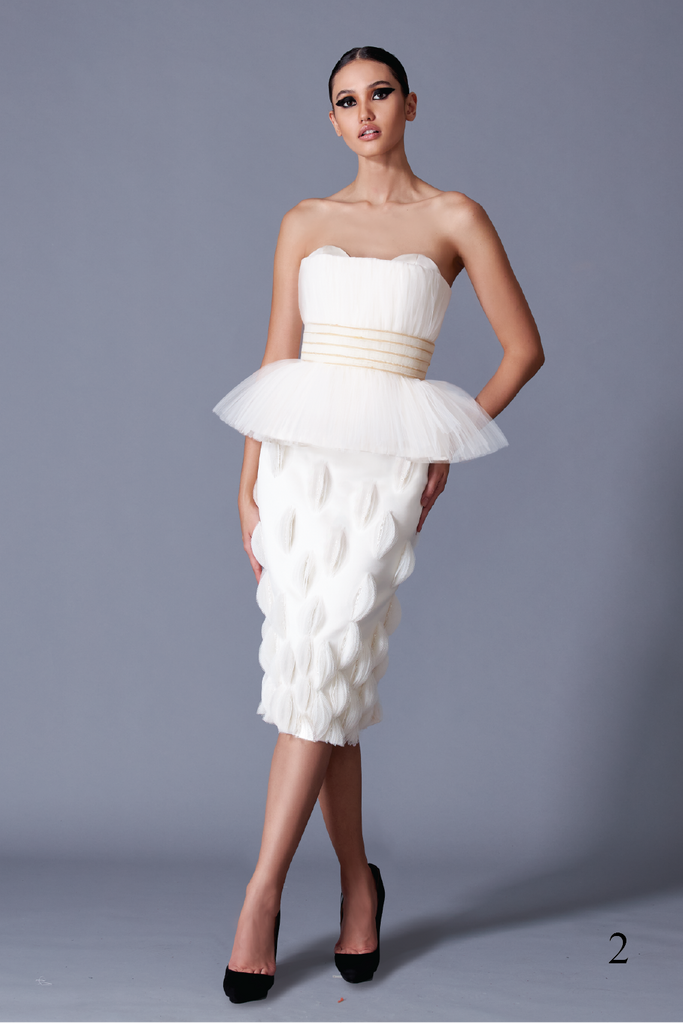 Pleated and Draped Soft Tulle Blouse & Skirt embellished with Oval Shape Di-cut Tulle