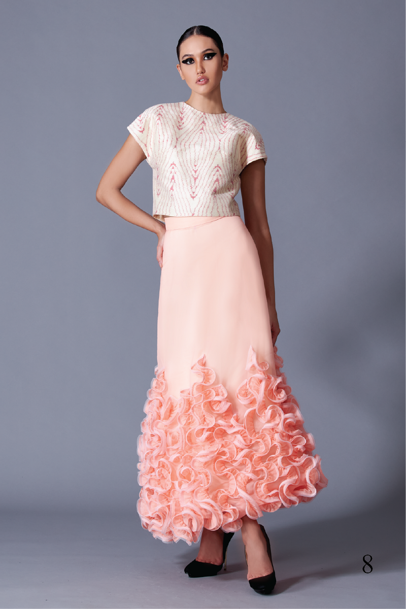 Hand Woven Ikat Thai Silk Blouse & Skirt Embellished with Pleated Ruffled