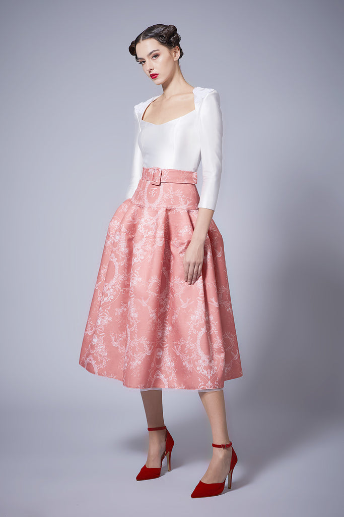 Blouse with Baroque-inspired Elements Embellished at Shoulder with Printed Tiered skirt