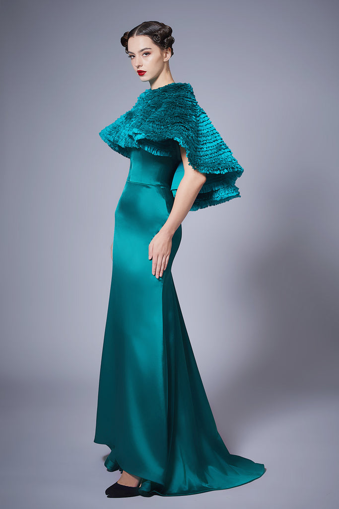Cropped Feathered Satin Cape