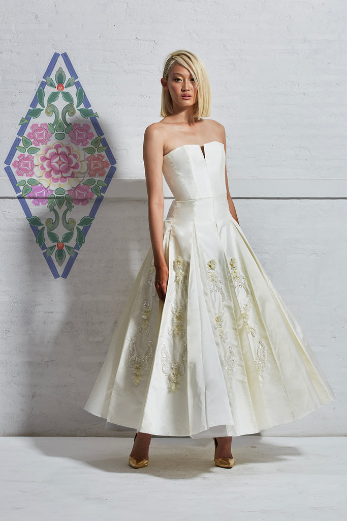 White Leafs and Sequins Embroidered Thai Silk Dress