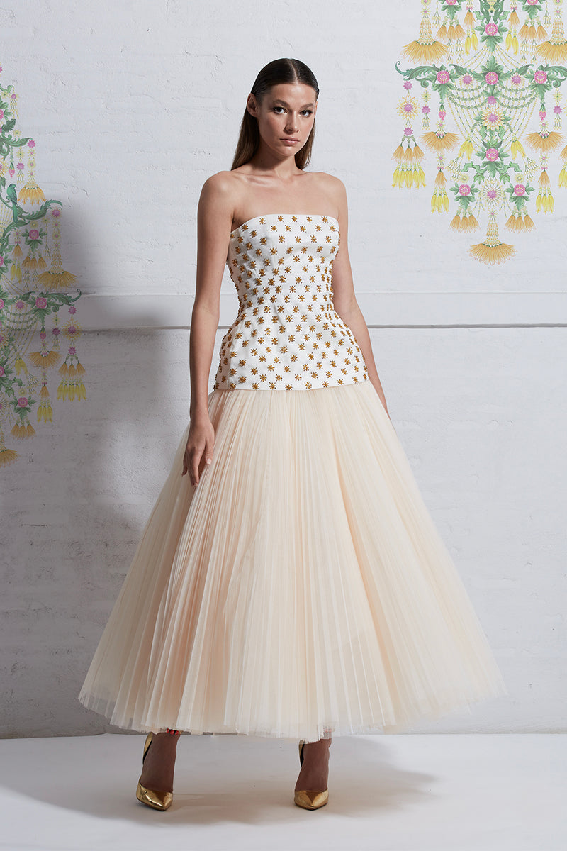 Thai Flowers Inspired Sequin Embellished Corset with Pleated Full Skirt