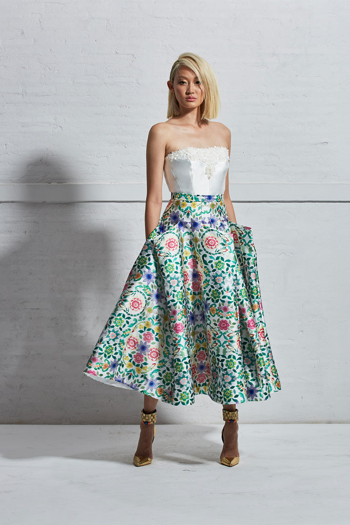 Sequins Flowers Embellished Bustier and Origami Panels Skirt
