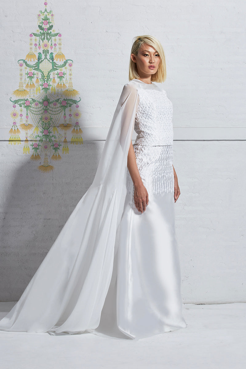 Thai Garland Inspired Embroidered Blouse with Cape Effect and A-Line Skirt