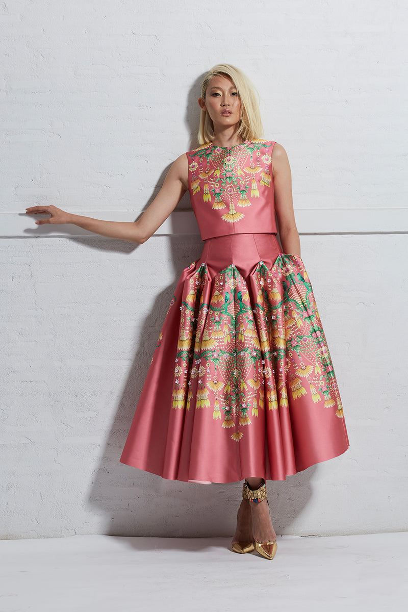 Thai Garland Inspired  Printed Cropped Top with Origami Skirt