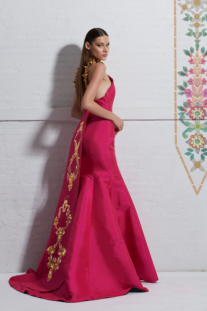 Fishtail Evening Dress with Gold Embellishment