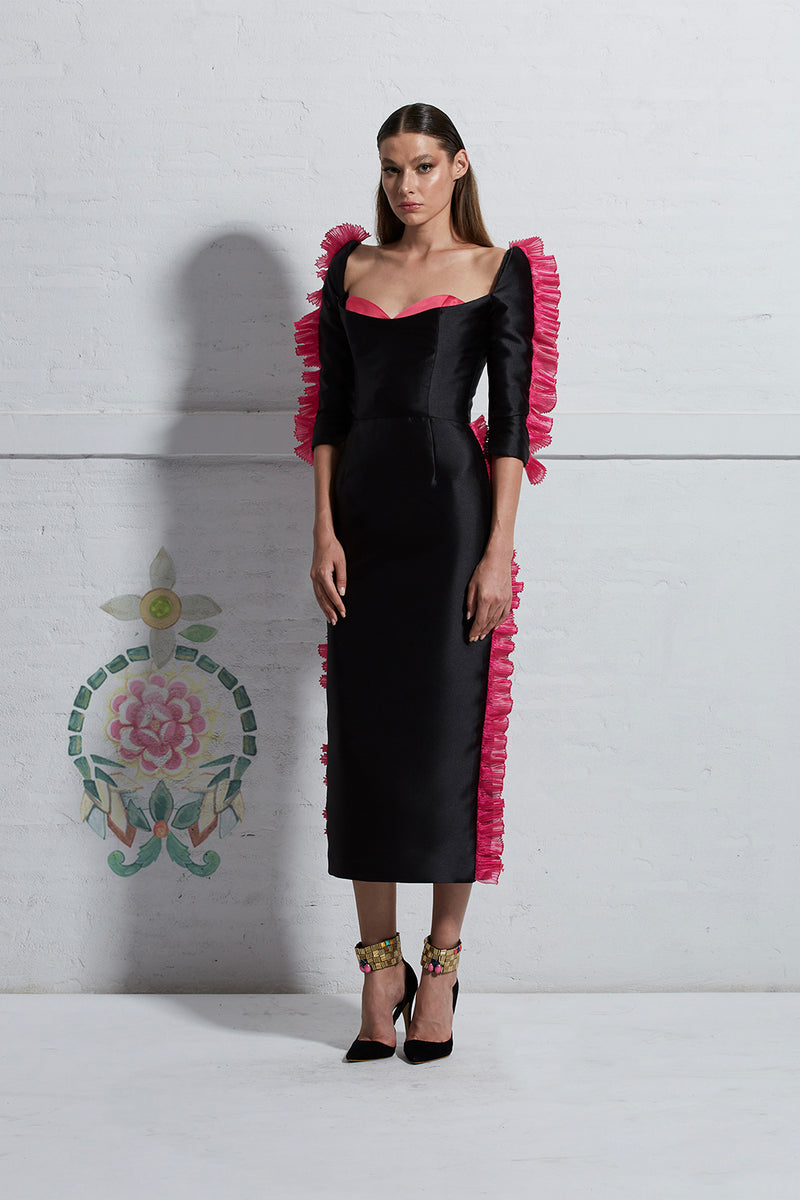 Black Dress with Pink Pleated Ruffle