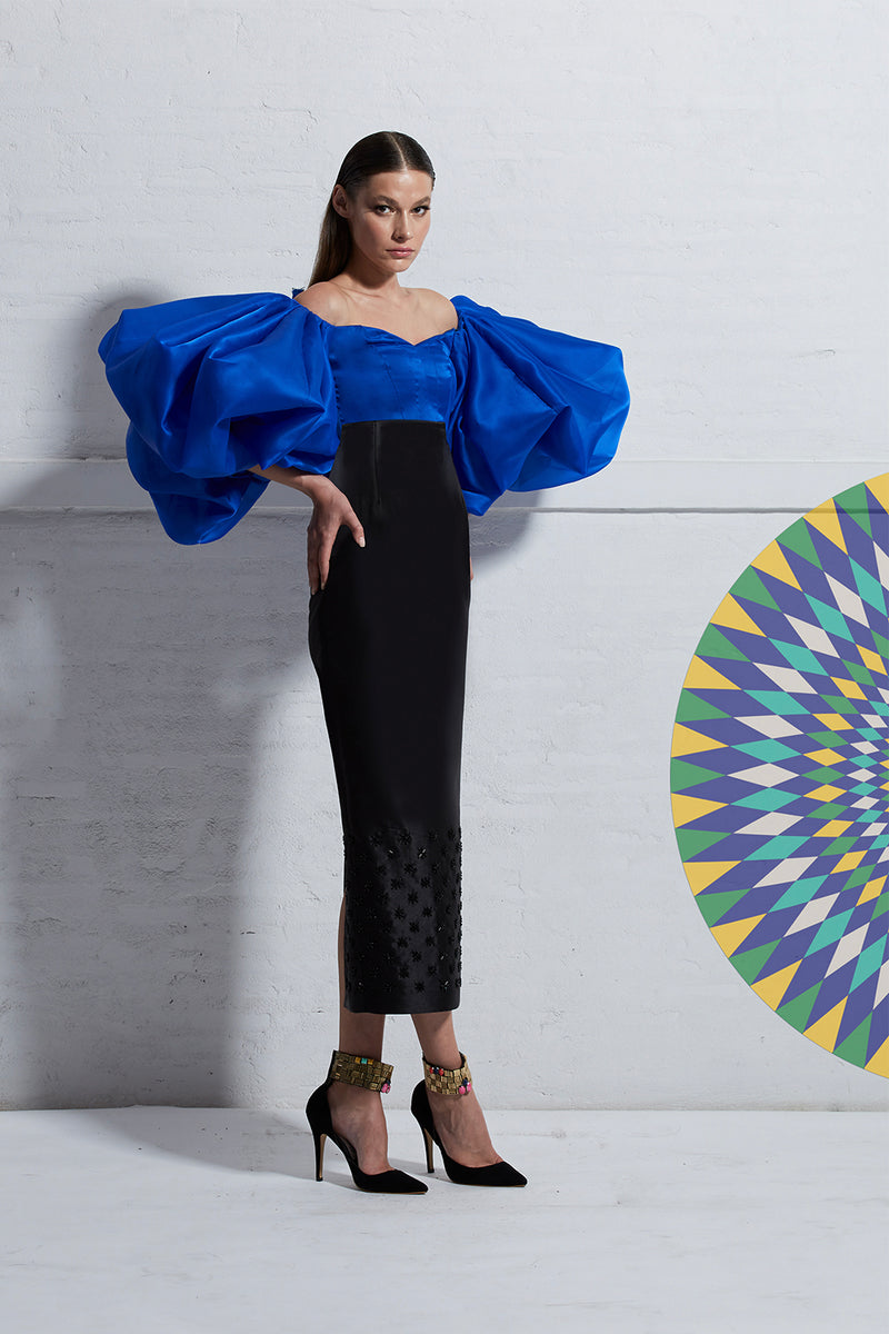 Off-Shoulder Top with Puffed and Sequins Embellished Pencil Skirt