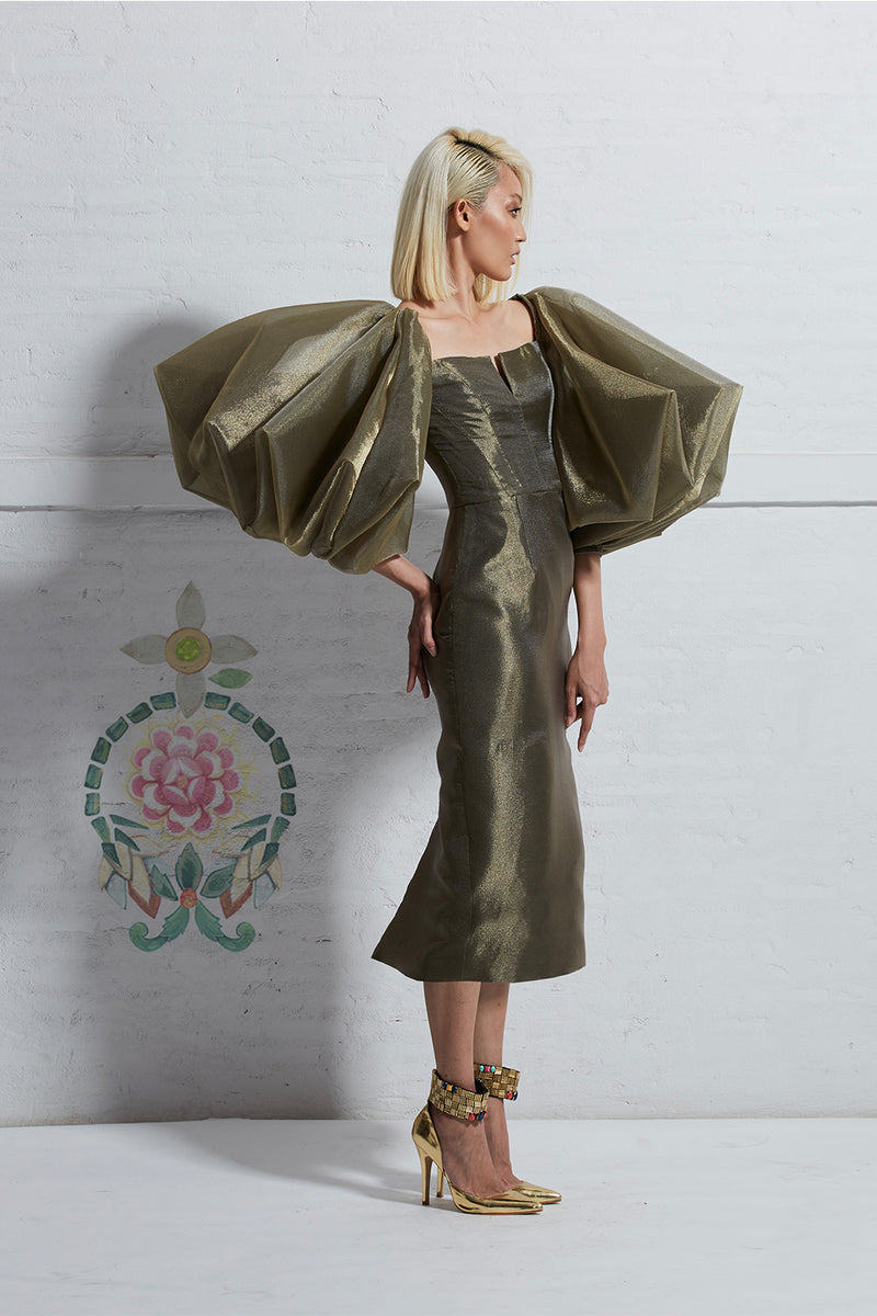 Rustic Gold Metallic Puffed Sleeves Dress
