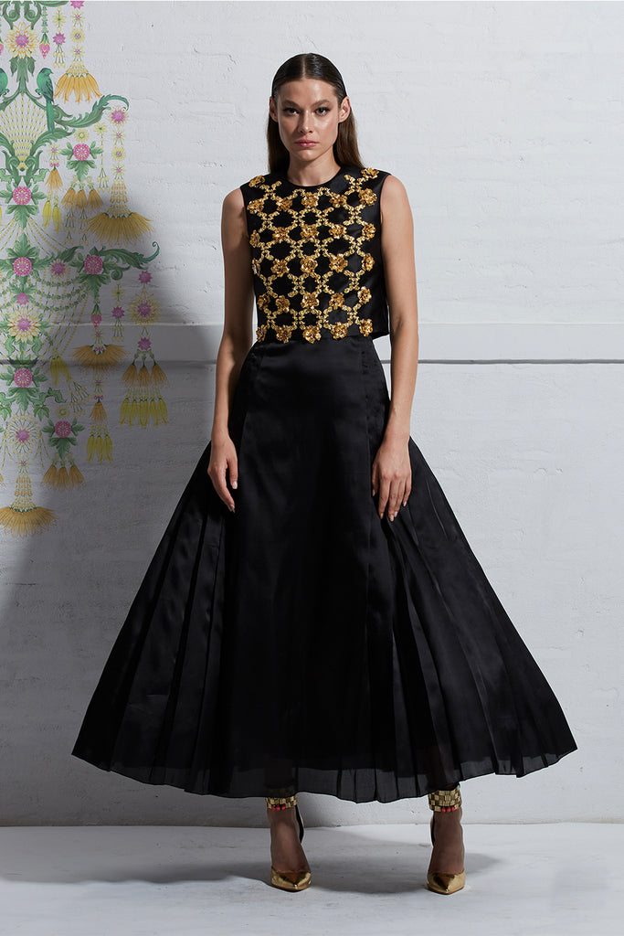 Cropped Top with Golden Embroidery and Hand Pleated Skirt