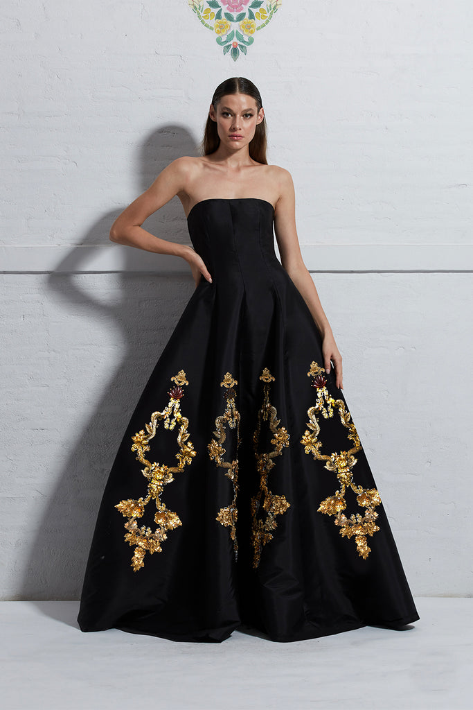 Golden Leafs and Sequins Embroidered Evening Silk Dress