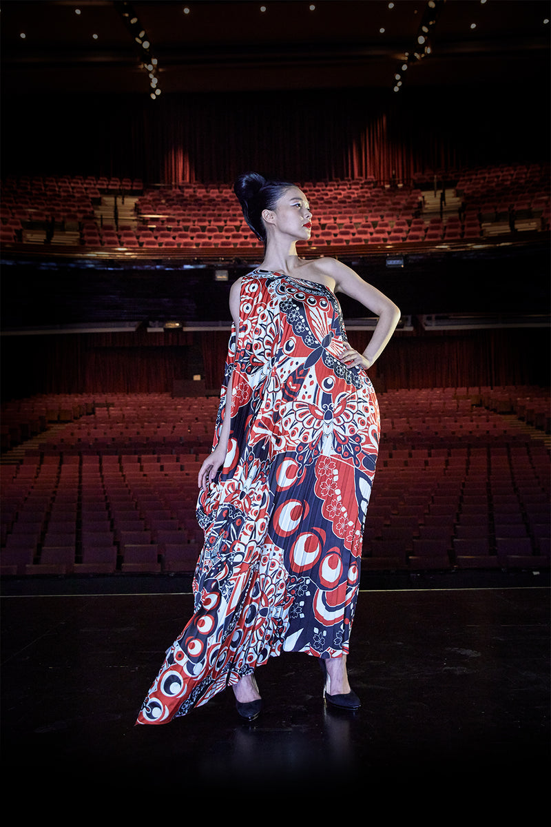 One-Shoulder Pleated Dress in Kimono Motifs Print