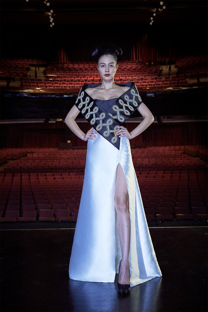 Two Tone Dress with Kimono Collar Embellished with Sequins, Gold Studs and Pearls