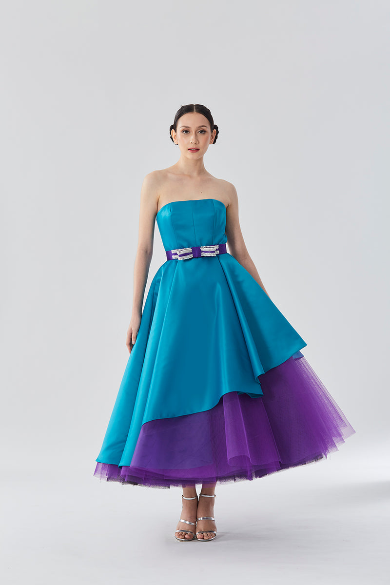 Asymmetrical Strapless Cocktail Dress with Tulle Underskirt