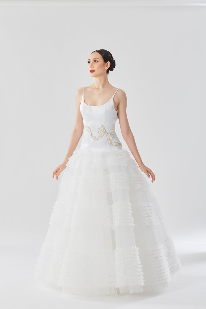 Ruffle-trimmed Tulle Dress with Pearls and Sequins Embellished Bow on Bodice