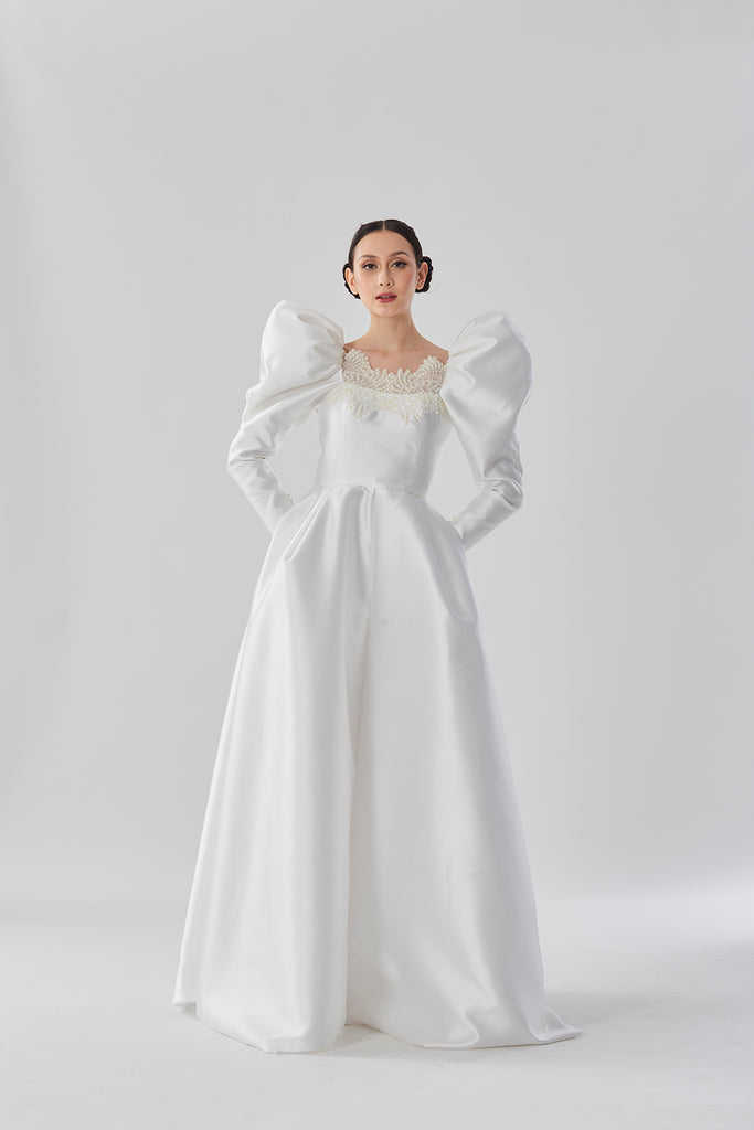Victorian Sleeves Dress with Pearl and Lace Embellished Neckline