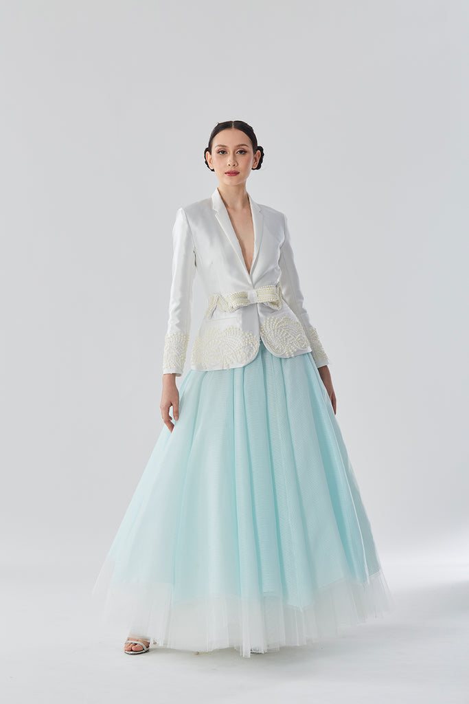Silk Poly Mikado Blazer with Pearls and Lace Embellishment at Hem and Full Skirt with Overflown Tulle Under-Skirt