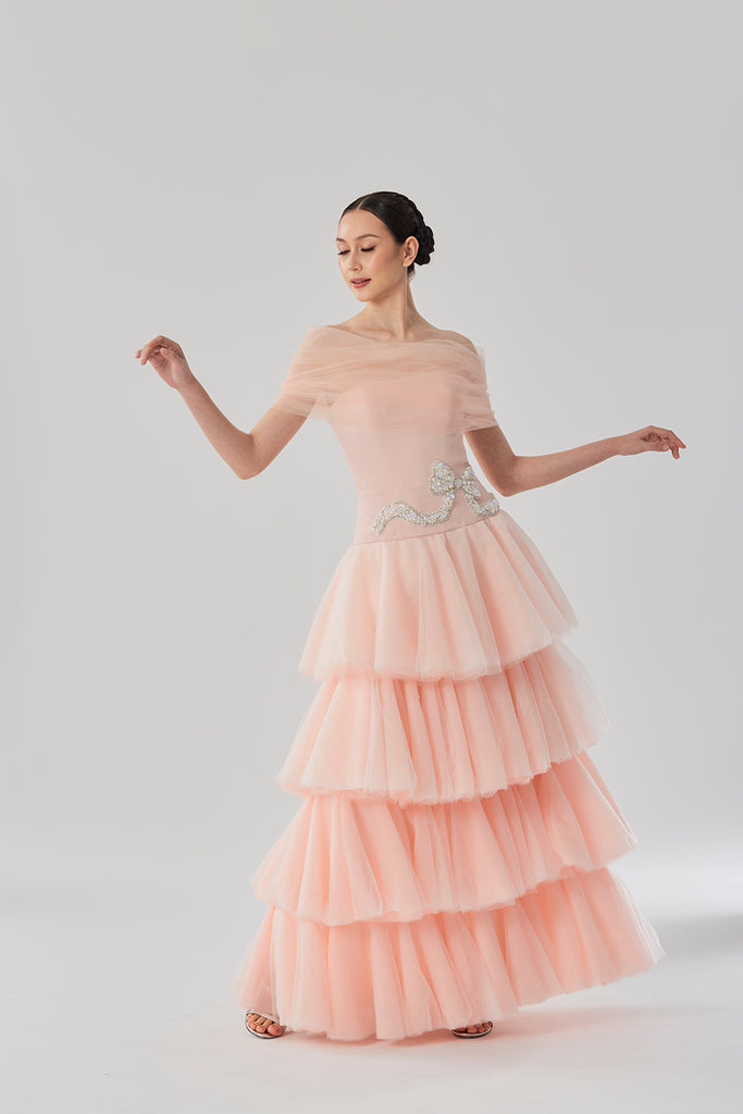 Tiered Tulle Dress with Sequins Embellished Bow