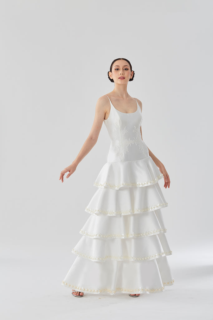 Tiered Dress with Pearl and Sequins Trims with Lace Embellished Bodice